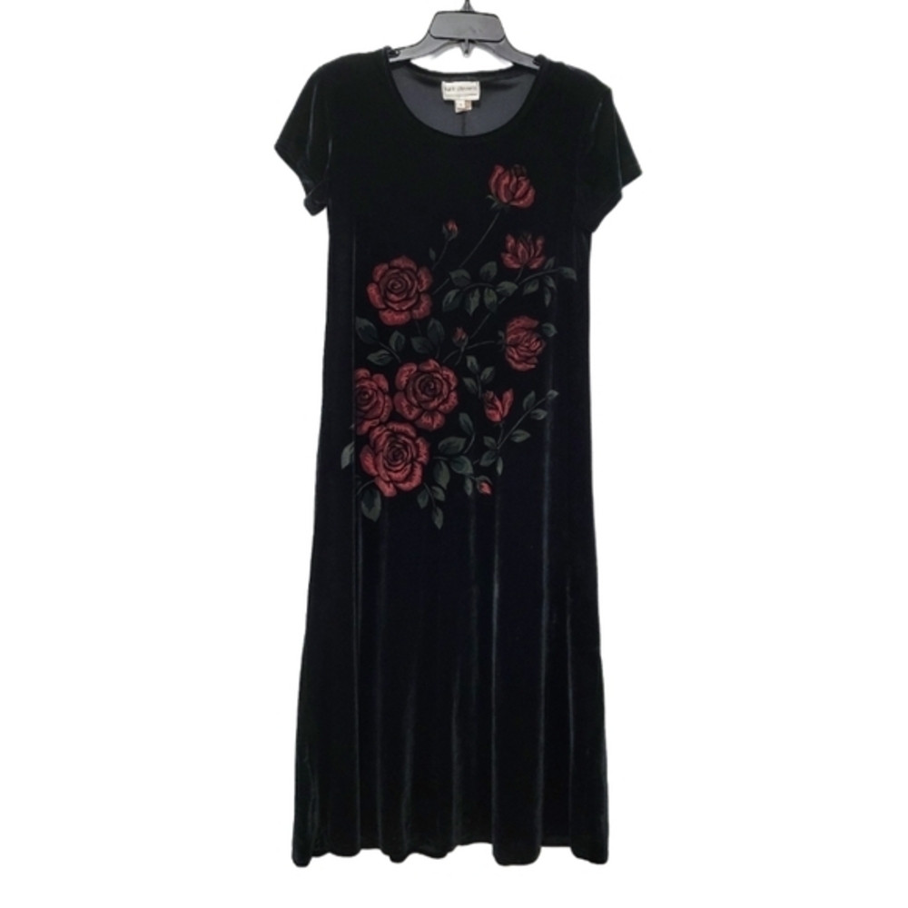 Vintage Black Velvet Floral Romantic Victorian Whimsigoth Midi Dress Sz 8 Winter